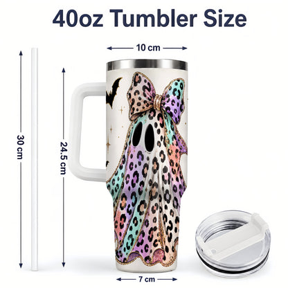 #pl[40oz|White] Pastel Leopard Ghost 40oz Tumbler, Bow and Bat Halloween Drinkware