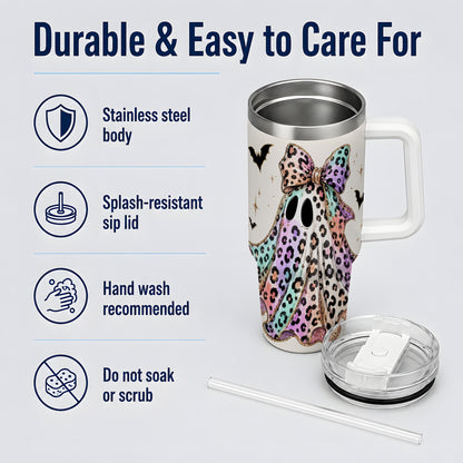 #pl[40oz|White] Pastel Leopard Ghost 40oz Tumbler, Bow and Bat Halloween Drinkware