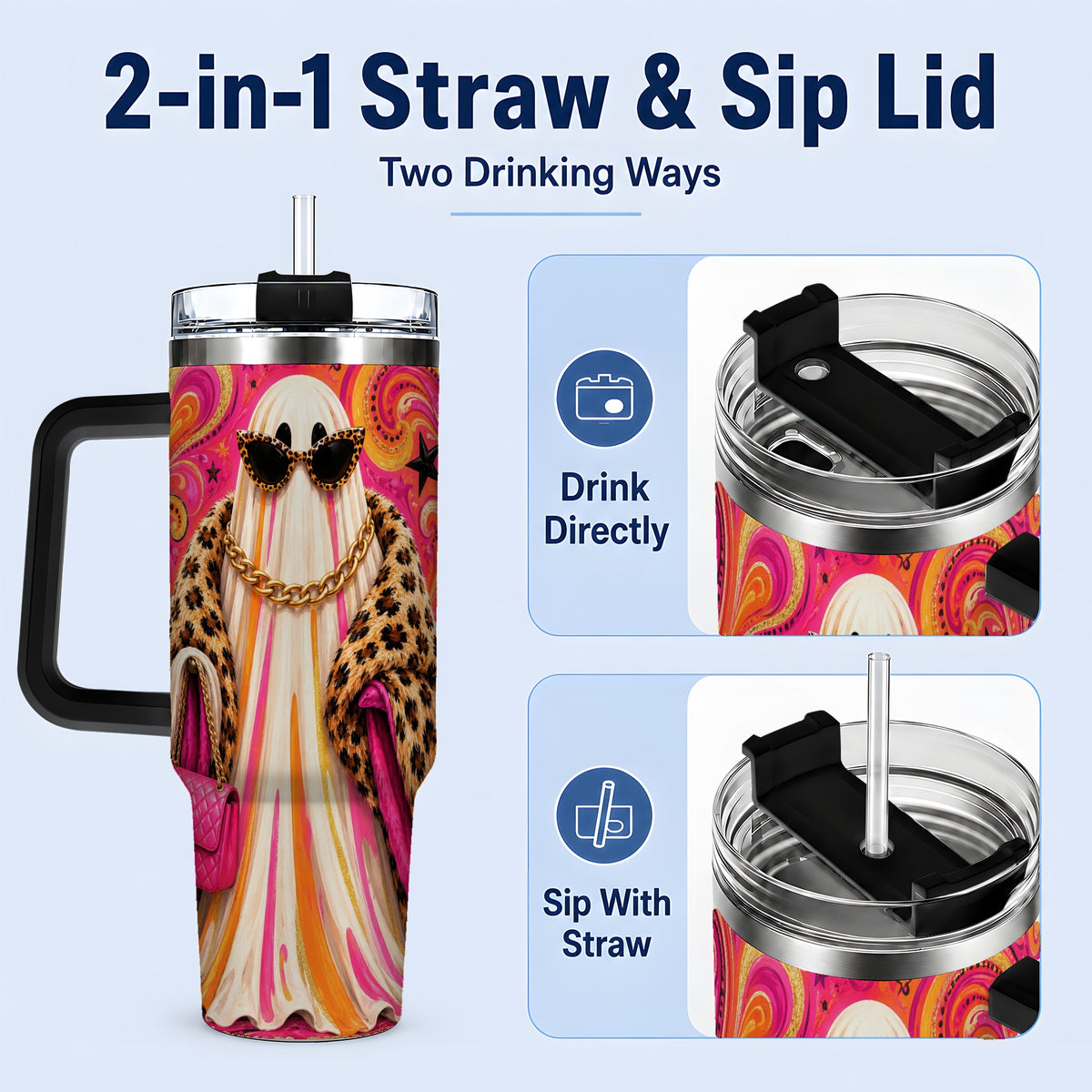 #pl[40oz|Black] Pink Glam Ghost Halloween 40oz Tumbler, Leopard Coat Fashion Artwork
