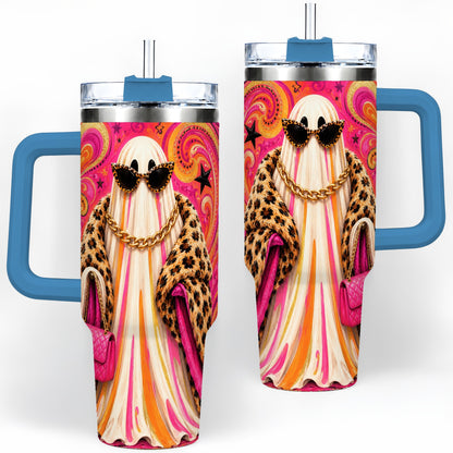 #pl[40oz|Blue] Pink Glam Ghost Halloween 40oz Tumbler, Leopard Coat Fashion Artwork