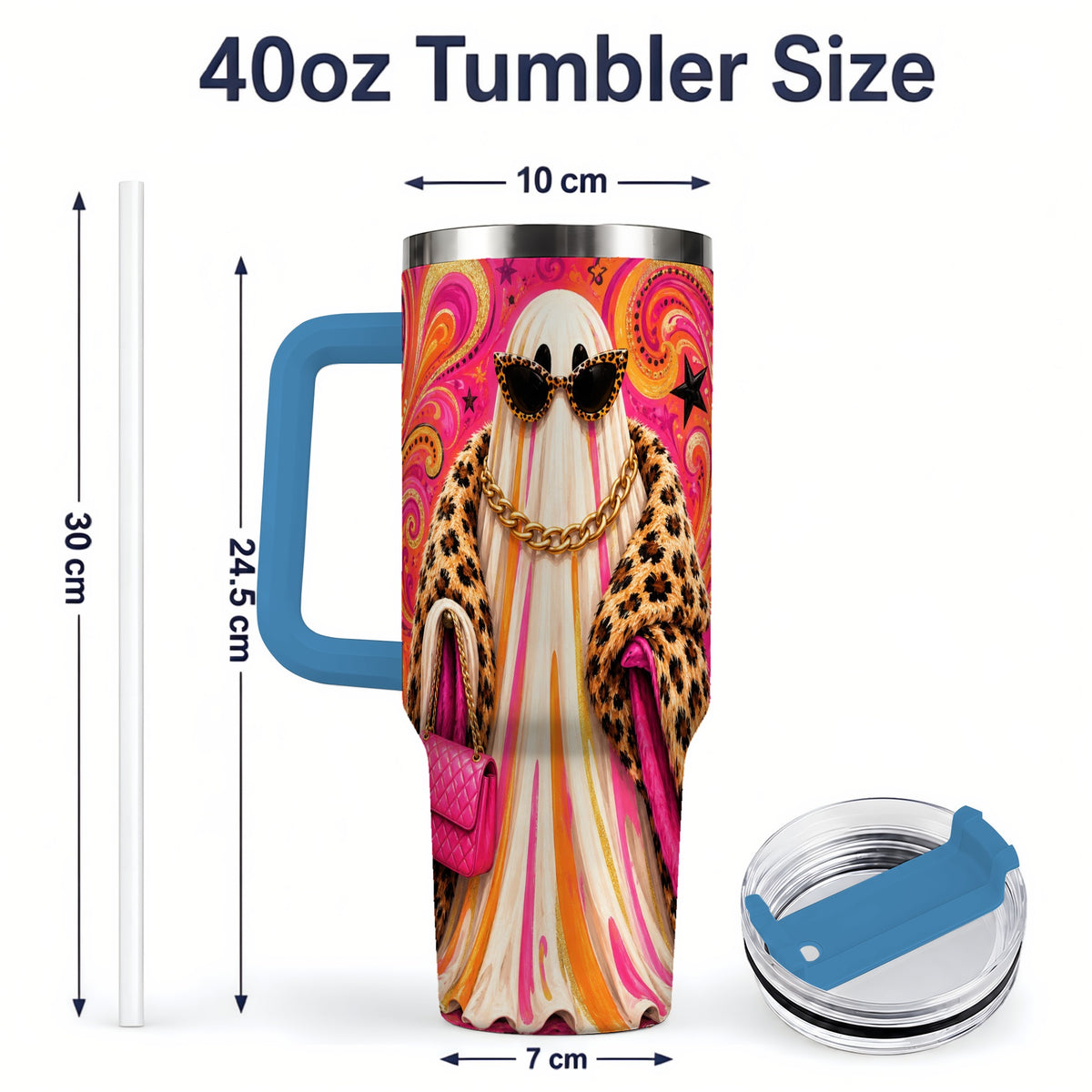 #pl[40oz|Blue] Pink Glam Ghost Halloween 40oz Tumbler, Leopard Coat Fashion Artwork