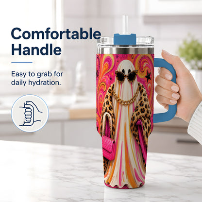 #pl[40oz|Blue] Pink Glam Ghost Halloween 40oz Tumbler, Leopard Coat Fashion Artwork