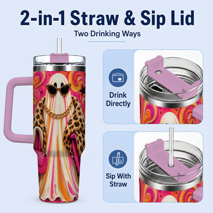 #pl[40oz|Pink] Pink Glam Ghost Halloween 40oz Tumbler, Leopard Coat Fashion Artwork