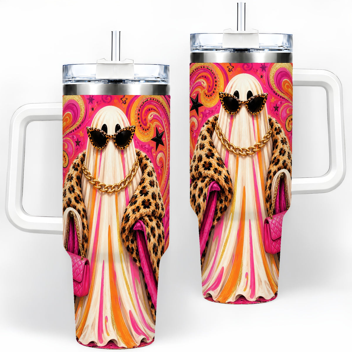 Pink Glam Ghost Halloween 40oz Tumbler, Leopard Coat Fashion Artwork