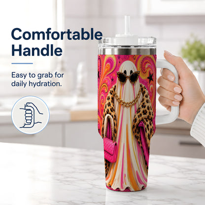 #pl[40oz|White] Pink Glam Ghost Halloween 40oz Tumbler, Leopard Coat Fashion Artwork