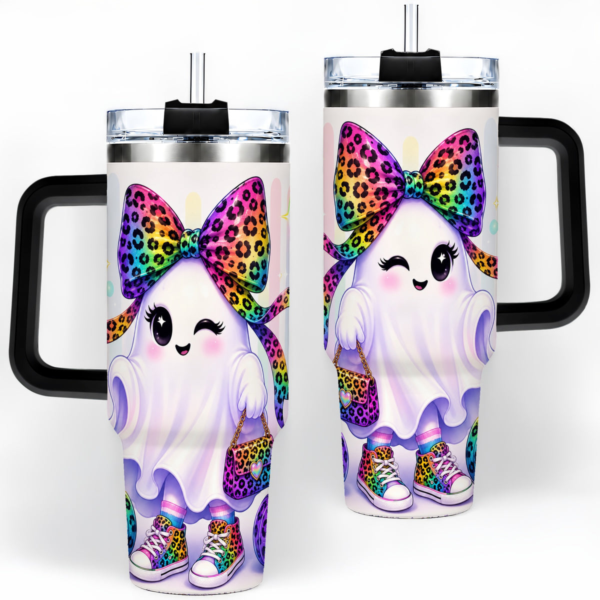 #pl[40oz|Black] Rainbow Ghost Halloween 40oz Tumbler, Leopard Pumpkin Cute Artwork