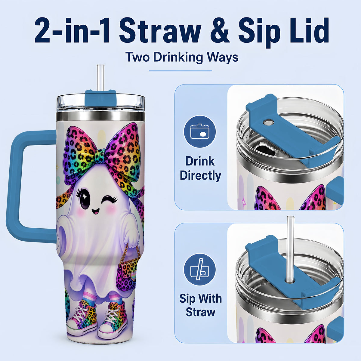 #pl[40oz|Blue] Rainbow Ghost Halloween 40oz Tumbler, Leopard Pumpkin Cute Artwork