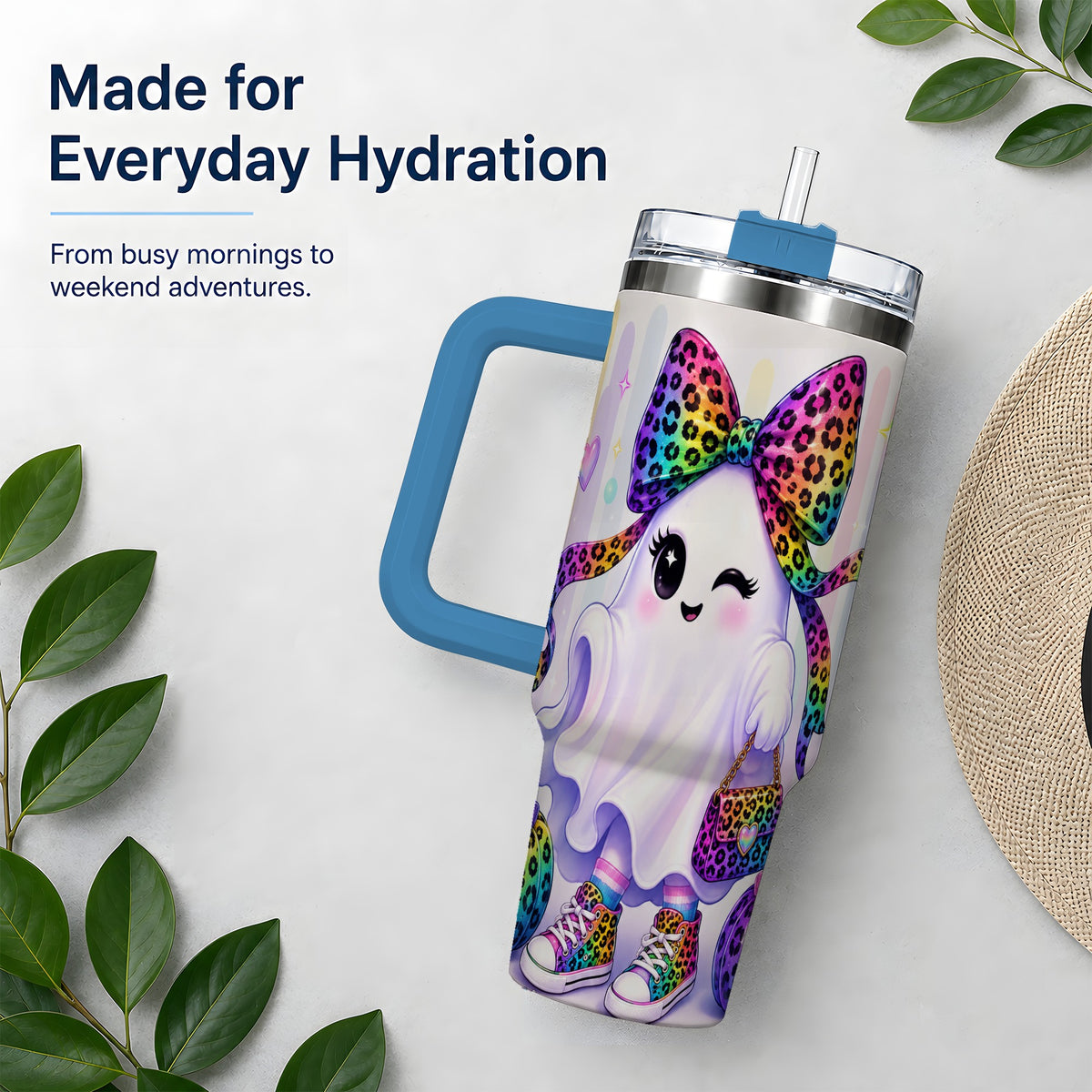 #pl[40oz|Blue] Rainbow Ghost Halloween 40oz Tumbler, Leopard Pumpkin Cute Artwork