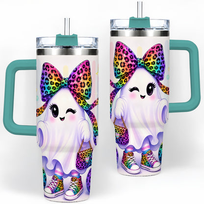 #pl[40oz|Green] Rainbow Ghost Halloween 40oz Tumbler, Leopard Pumpkin Cute Artwork