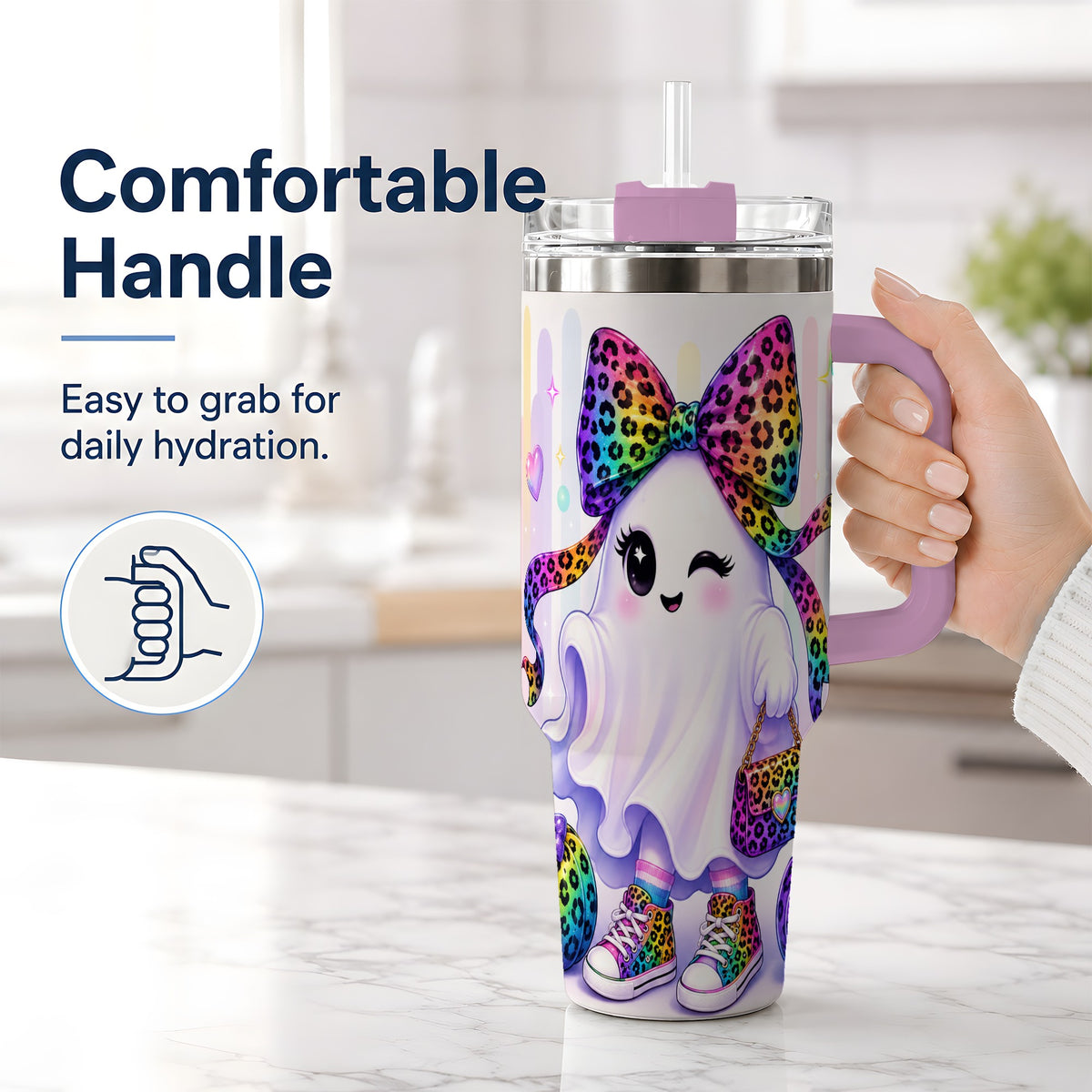 #pl[40oz|Pink] Rainbow Ghost Halloween 40oz Tumbler, Leopard Pumpkin Cute Artwork
