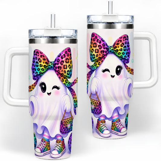 Rainbow Ghost Halloween 40oz Tumbler, Leopard Pumpkin Cute Artwork