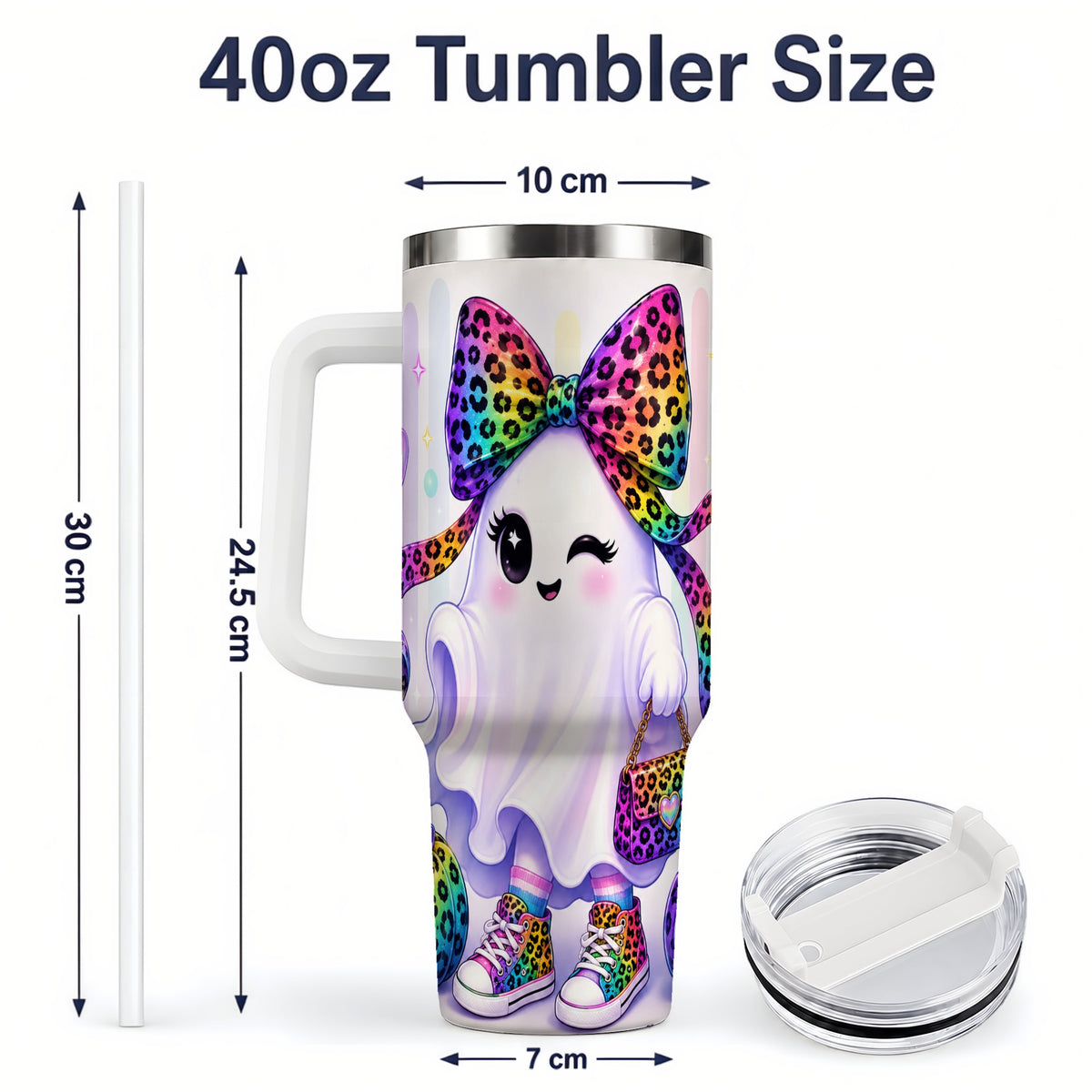 #pl[40oz|White] Rainbow Ghost Halloween 40oz Tumbler, Leopard Pumpkin Cute Artwork