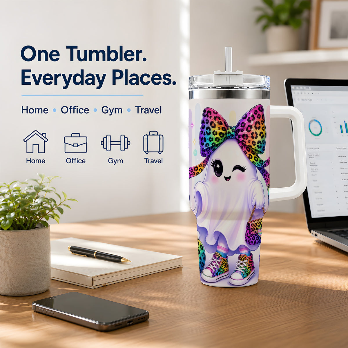#pl[40oz|White] Rainbow Ghost Halloween 40oz Tumbler, Leopard Pumpkin Cute Artwork