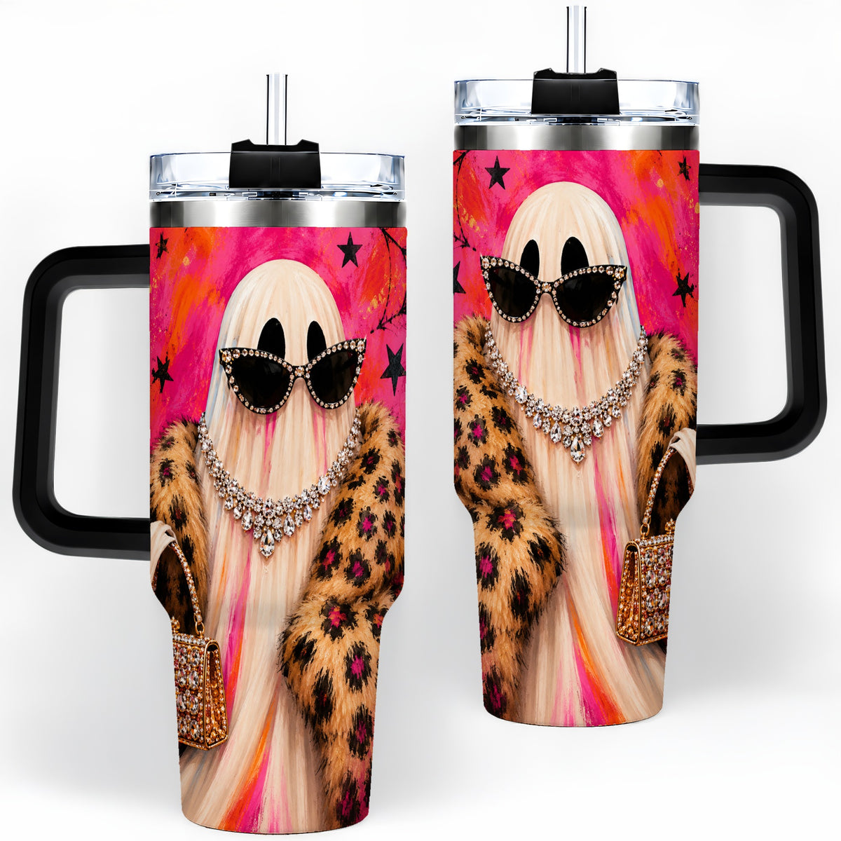 #pl[40oz|Black] Glam Ghost Halloween 40oz Tumbler, Leopard Coat and Sparkle Artwork