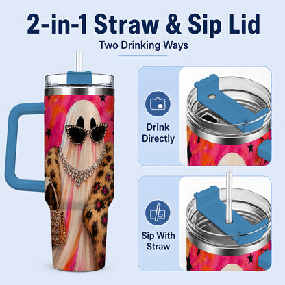 #pl[40oz|Blue] Glam Ghost Halloween 40oz Tumbler, Leopard Coat and Sparkle Artwork