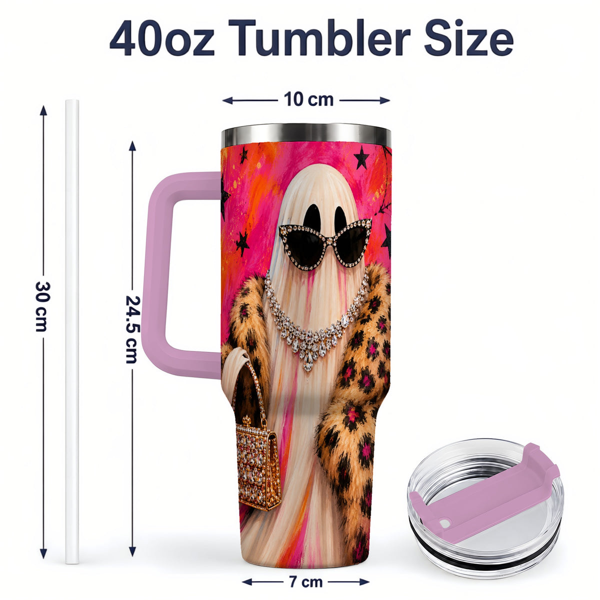 #pl[40oz|Pink] Glam Ghost Halloween 40oz Tumbler, Leopard Coat and Sparkle Artwork