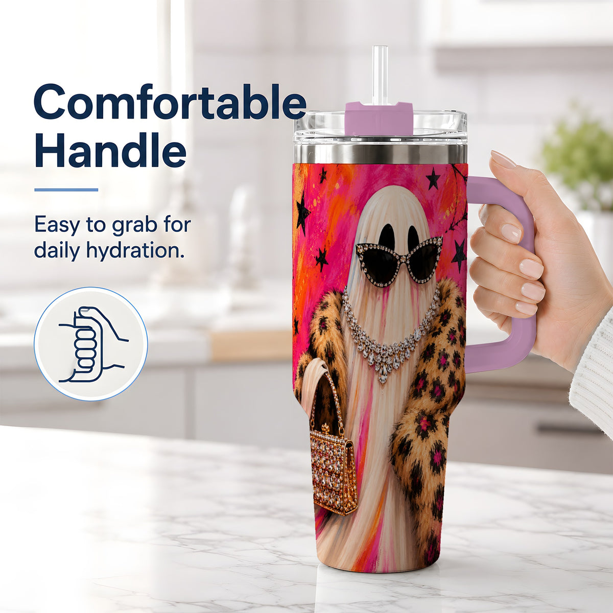 #pl[40oz|Pink] Glam Ghost Halloween 40oz Tumbler, Leopard Coat and Sparkle Artwork
