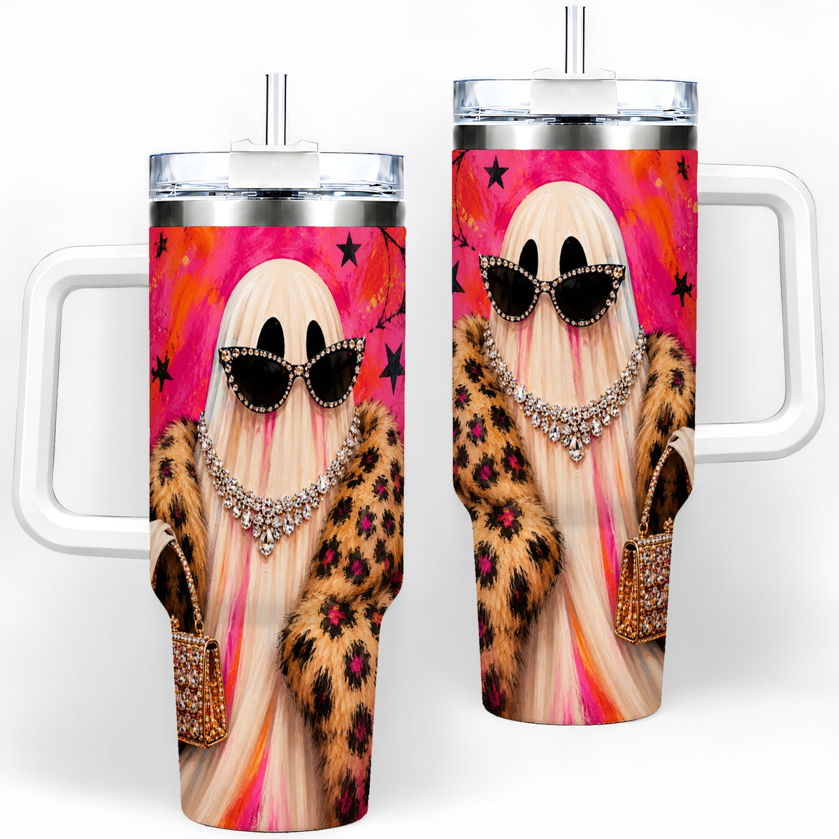 Glam Ghost Halloween 40oz Tumbler, Leopard Coat and Sparkle Artwork