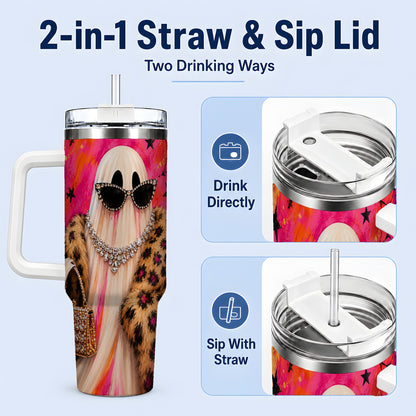 #pl[40oz|White] Glam Ghost Halloween 40oz Tumbler, Leopard Coat and Sparkle Artwork