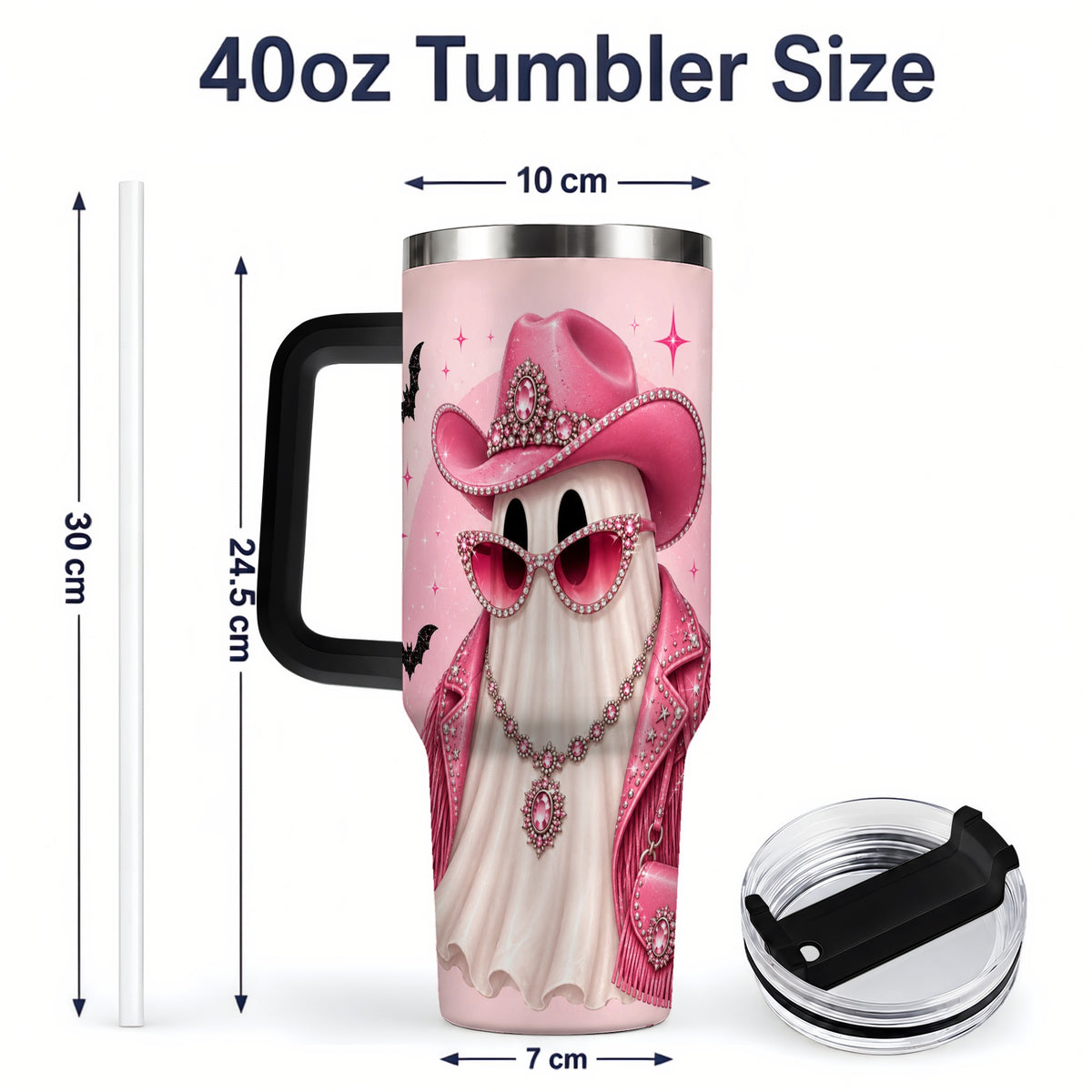 #pl[40oz|Black] Pink Cowgirl Ghost 40oz Tumbler, Western Halloween Fashion Design