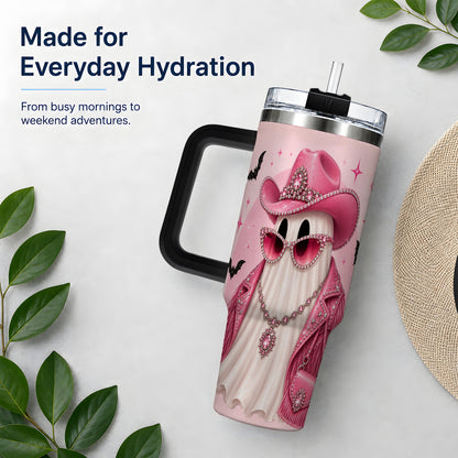 #pl[40oz|Black] Pink Cowgirl Ghost 40oz Tumbler, Western Halloween Fashion Design