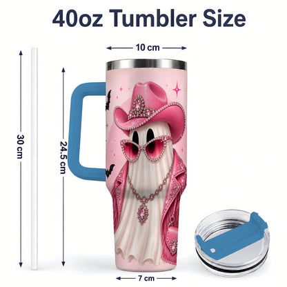 #pl[40oz|Blue] Pink Cowgirl Ghost 40oz Tumbler, Western Halloween Fashion Design