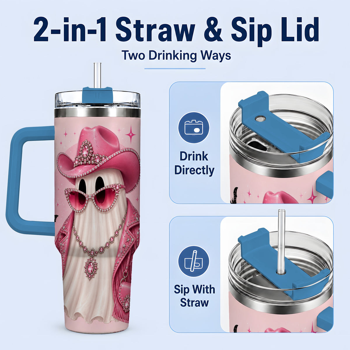 #pl[40oz|Blue] Pink Cowgirl Ghost 40oz Tumbler, Western Halloween Fashion Design