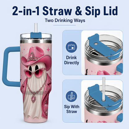#pl[40oz|Blue] Pink Cowgirl Ghost 40oz Tumbler, Western Halloween Fashion Design
