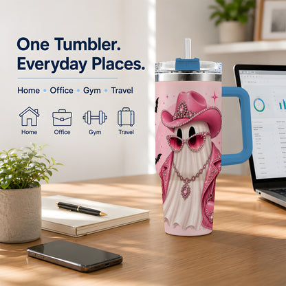 #pl[40oz|Blue] Pink Cowgirl Ghost 40oz Tumbler, Western Halloween Fashion Design