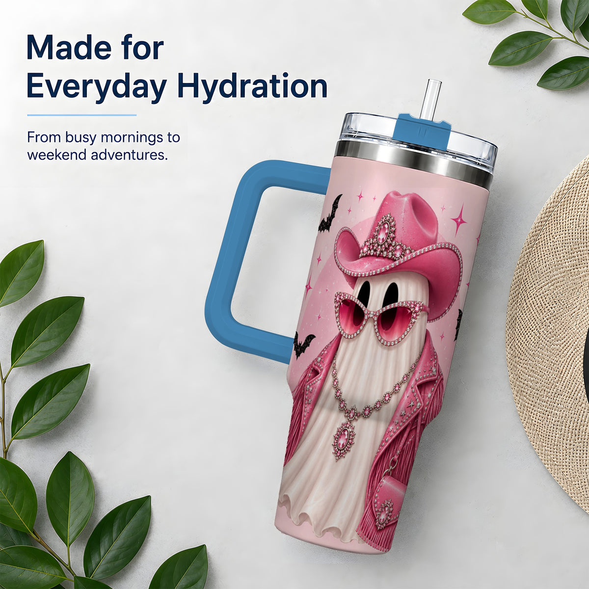 #pl[40oz|Blue] Pink Cowgirl Ghost 40oz Tumbler, Western Halloween Fashion Design