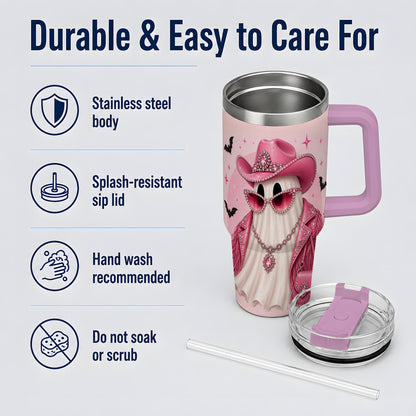 #pl[40oz|Pink] Pink Cowgirl Ghost 40oz Tumbler, Western Halloween Fashion Design