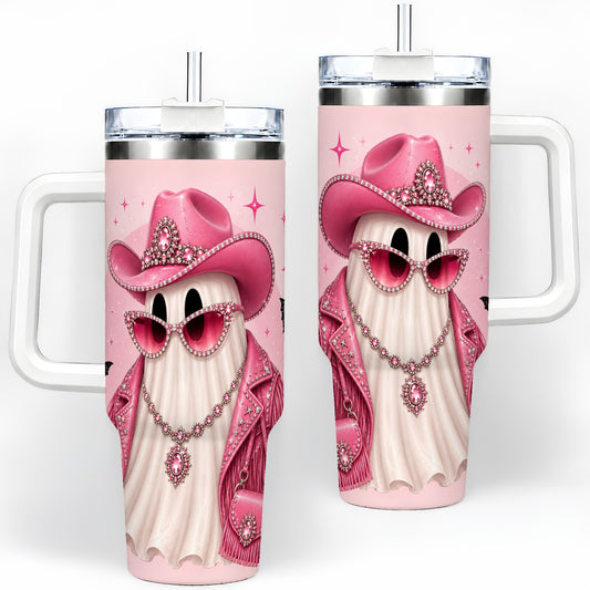 Pink Cowgirl Ghost 40oz Tumbler, Western Halloween Fashion Design