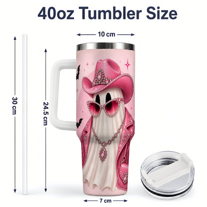 #pl[40oz|White] Pink Cowgirl Ghost 40oz Tumbler, Western Halloween Fashion Design
