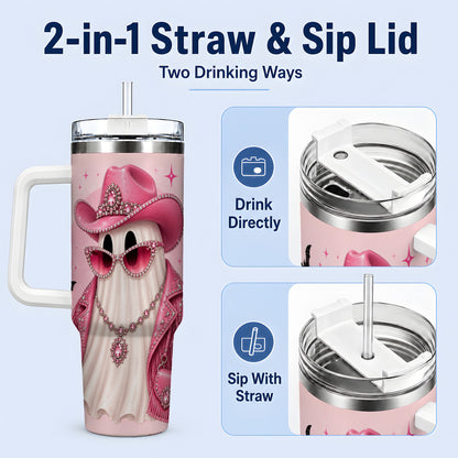 #pl[40oz|White] Pink Cowgirl Ghost 40oz Tumbler, Western Halloween Fashion Design