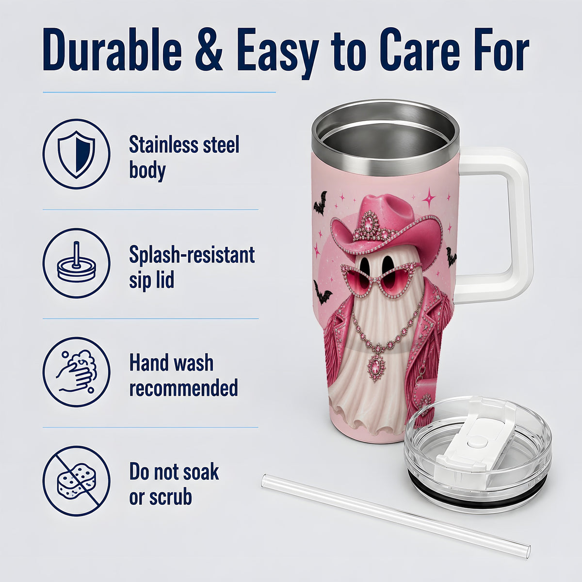 #pl[40oz|White] Pink Cowgirl Ghost 40oz Tumbler, Western Halloween Fashion Design