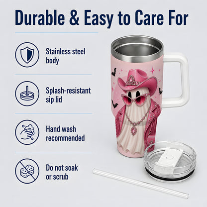 #pl[40oz|White] Pink Cowgirl Ghost 40oz Tumbler, Western Halloween Fashion Design