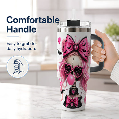 #pl[40oz|Black] Pink Gothic Skeleton 40oz Tumbler, Halloween Bats and Bow Artwork