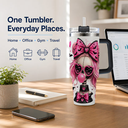 #pl[40oz|Black] Pink Gothic Skeleton 40oz Tumbler, Halloween Bats and Bow Artwork