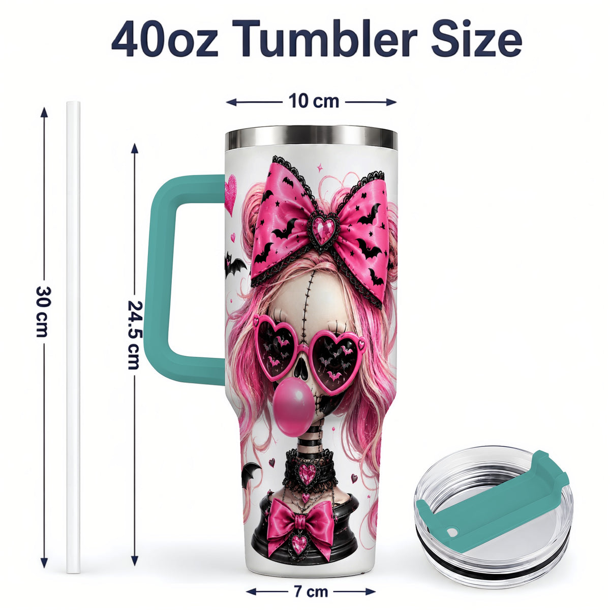 #pl[40oz|Green] Pink Gothic Skeleton 40oz Tumbler, Halloween Bats and Bow Artwork