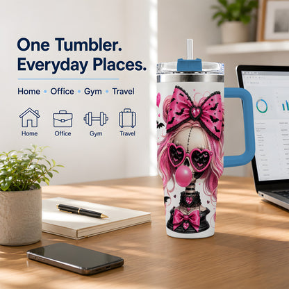#pl[40oz|Blue] Pink Gothic Skeleton 40oz Tumbler, Halloween Bats and Bow Artwork
