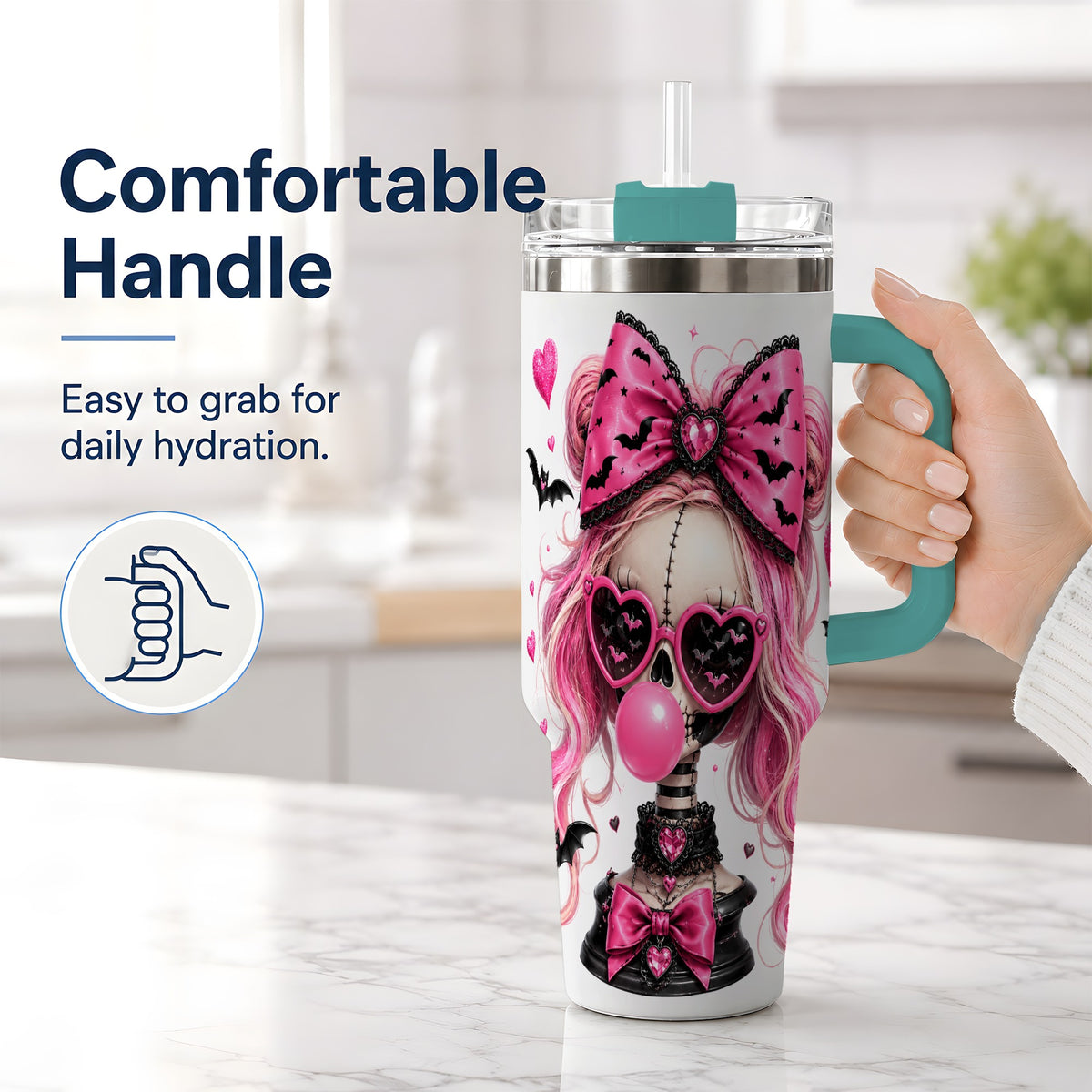 #pl[40oz|Green] Pink Gothic Skeleton 40oz Tumbler, Halloween Bats and Bow Artwork