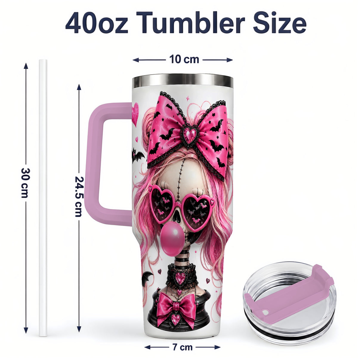 #pl[40oz|Pink] Pink Gothic Skeleton 40oz Tumbler, Halloween Bats and Bow Artwork
