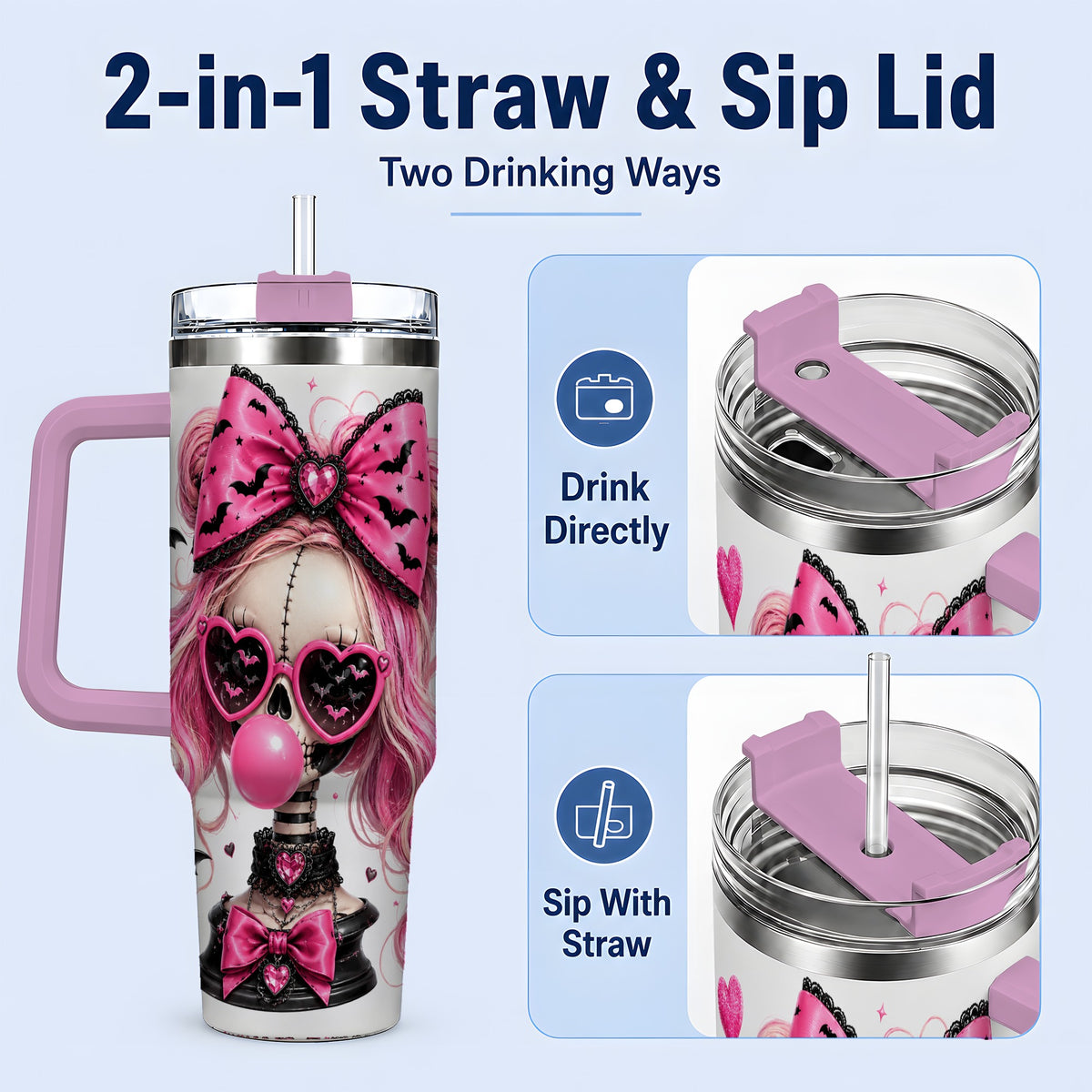 #pl[40oz|Pink] Pink Gothic Skeleton 40oz Tumbler, Halloween Bats and Bow Artwork