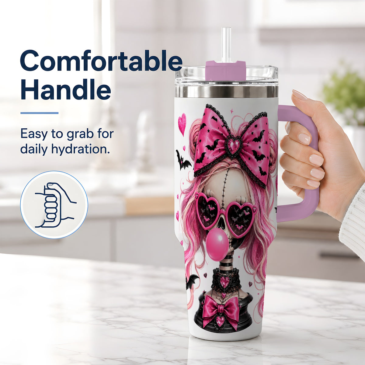 #pl[40oz|Pink] Pink Gothic Skeleton 40oz Tumbler, Halloween Bats and Bow Artwork