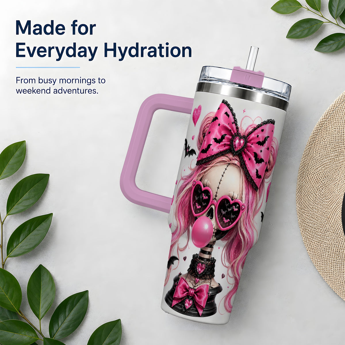 #pl[40oz|Pink] Pink Gothic Skeleton 40oz Tumbler, Halloween Bats and Bow Artwork