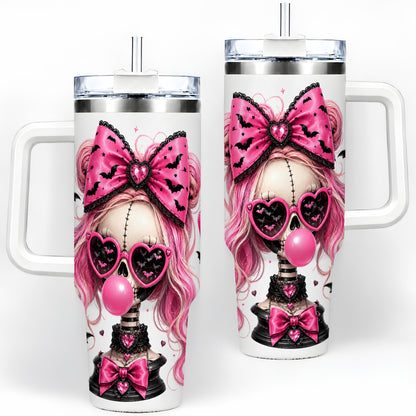 Pink Gothic Skeleton 40oz Tumbler, Halloween Bats and Bow Artwork