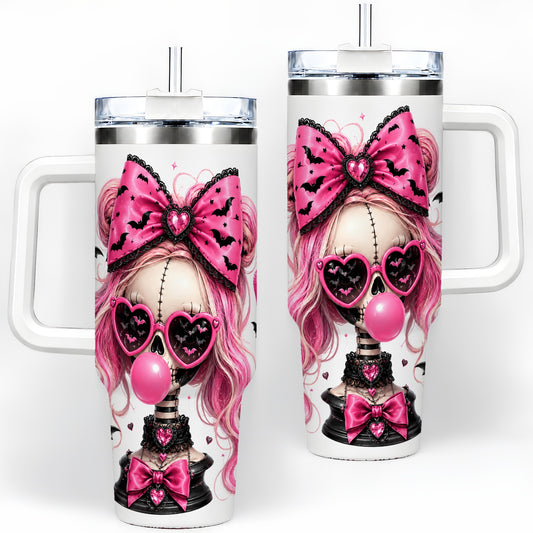 Pink Gothic Skeleton 40oz Tumbler, Halloween Bats and Bow Artwork