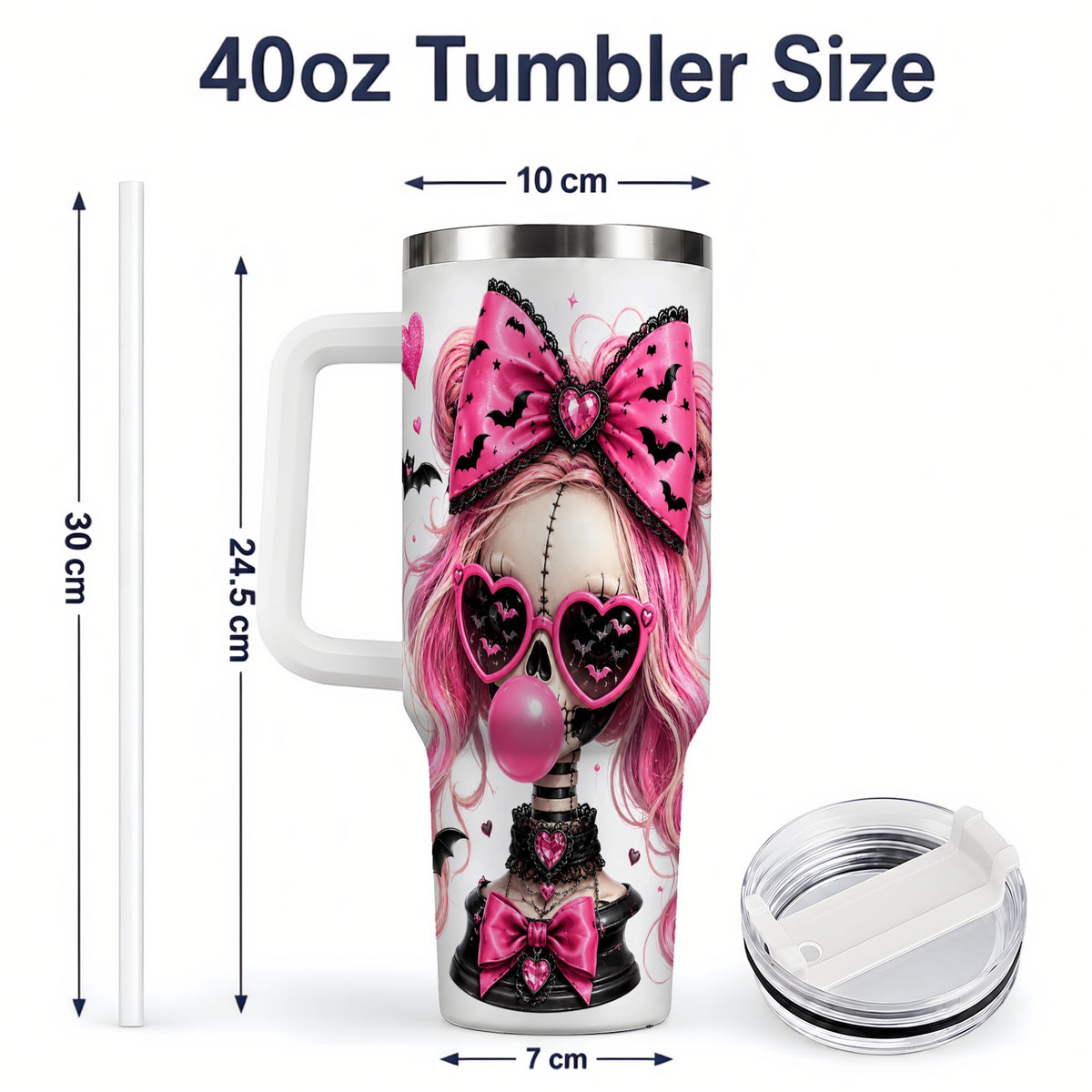 #pl[40oz|White] Pink Gothic Skeleton 40oz Tumbler, Halloween Bats and Bow Artwork