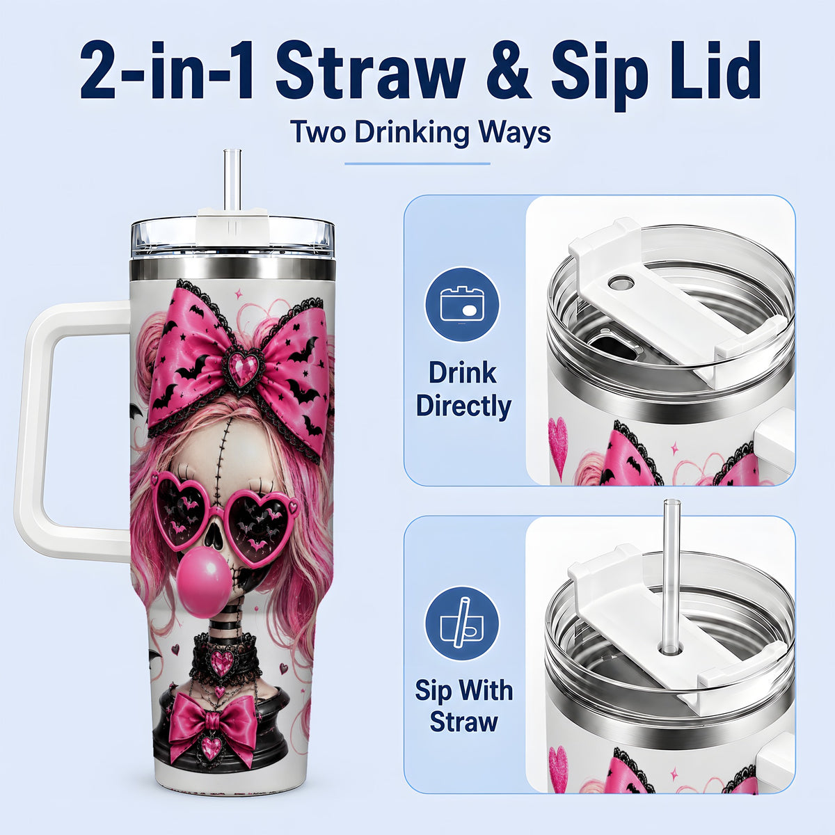 #pl[40oz|White] Pink Gothic Skeleton 40oz Tumbler, Halloween Bats and Bow Artwork
