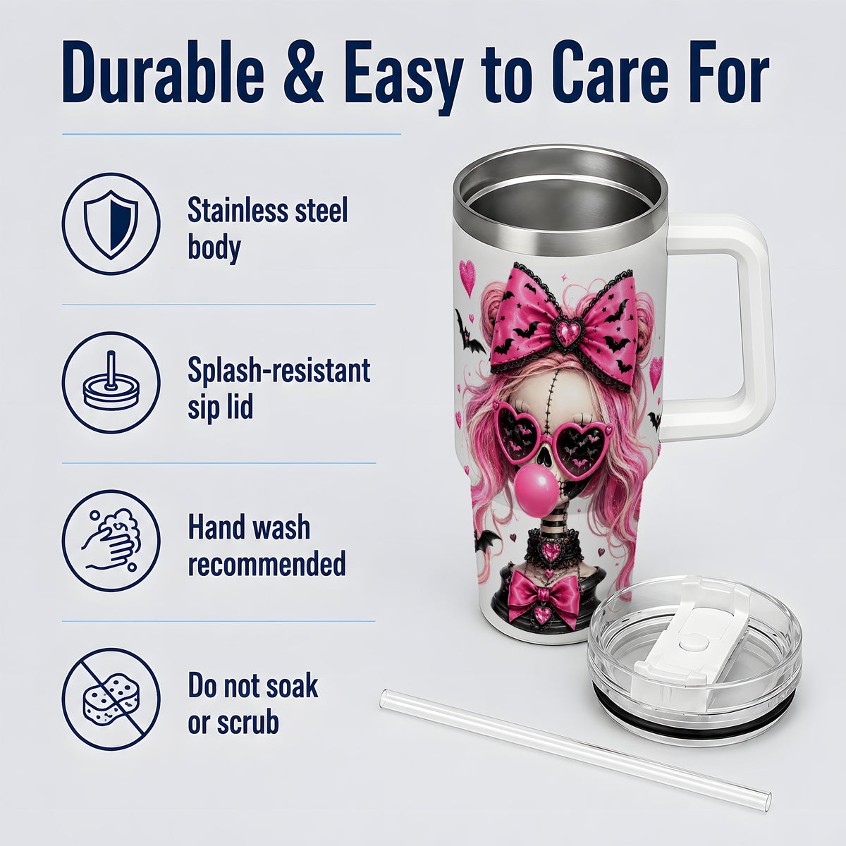 #pl[40oz|White] Pink Gothic Skeleton 40oz Tumbler, Halloween Bats and Bow Artwork